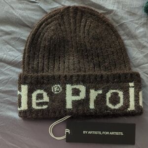 Nude Project Brown Knit Beanie with White Text
